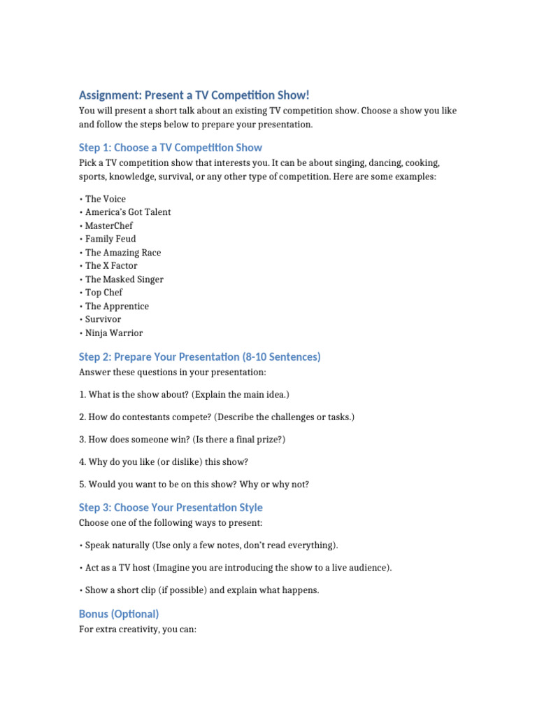 TV Competition Presentation Assignment | PDF