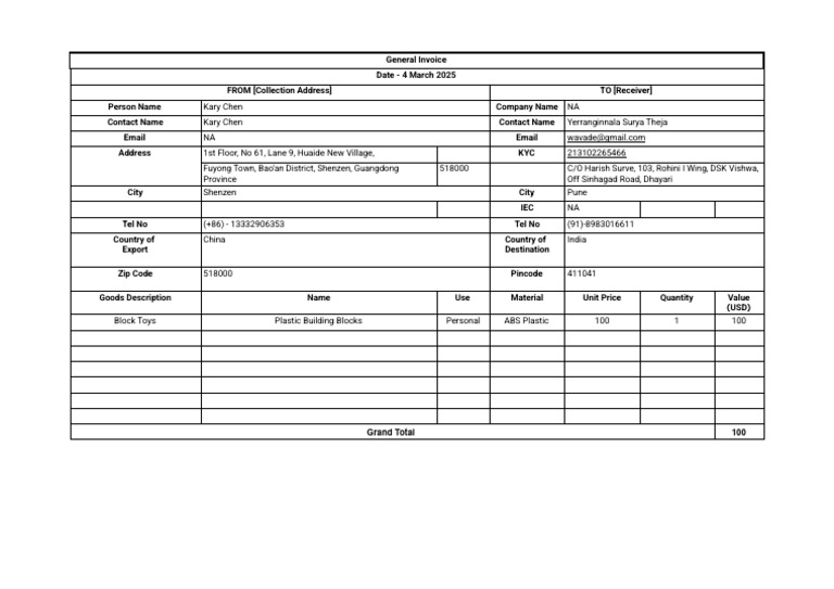 General Invoice for Block Toys Purchase | PDF