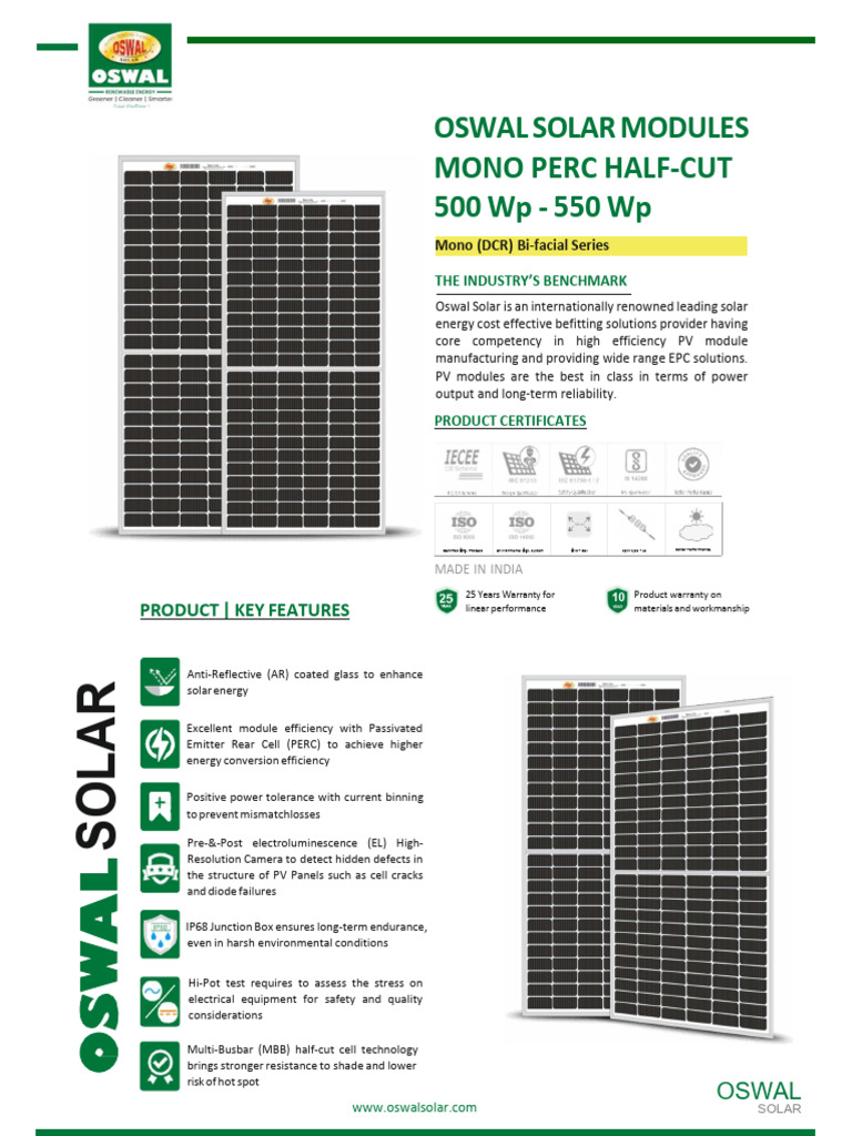 Oswal 550 Wp Solar Module Datasheet | PDF | Solar Panel | Photovoltaics