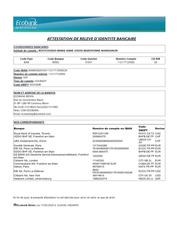 Attestation RIB Ecobank Bénin | PDF | Investisseur institutionnel ...
