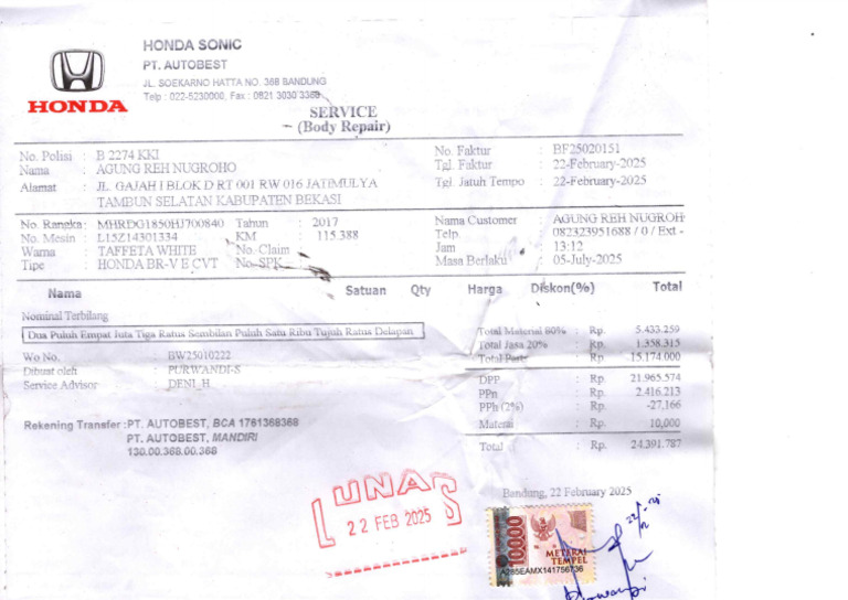 Nota Perbaikan Mobil | PDF