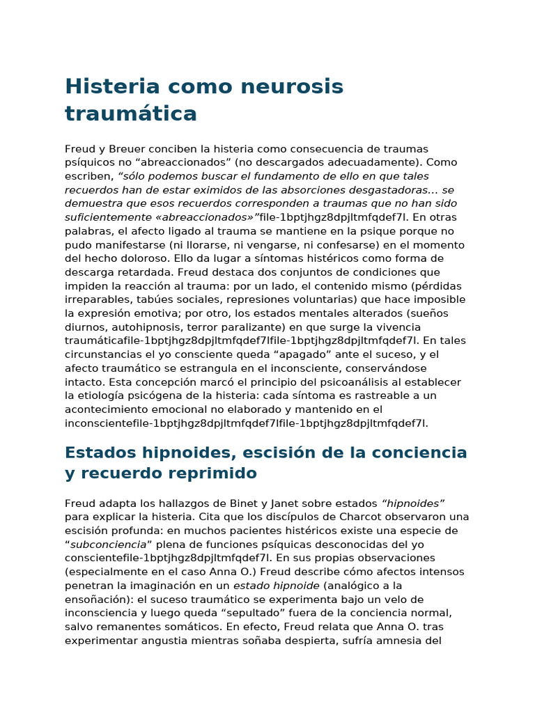Histeria Como Neurosis Traumática: Estados Hipnoides, Escisión de La ...