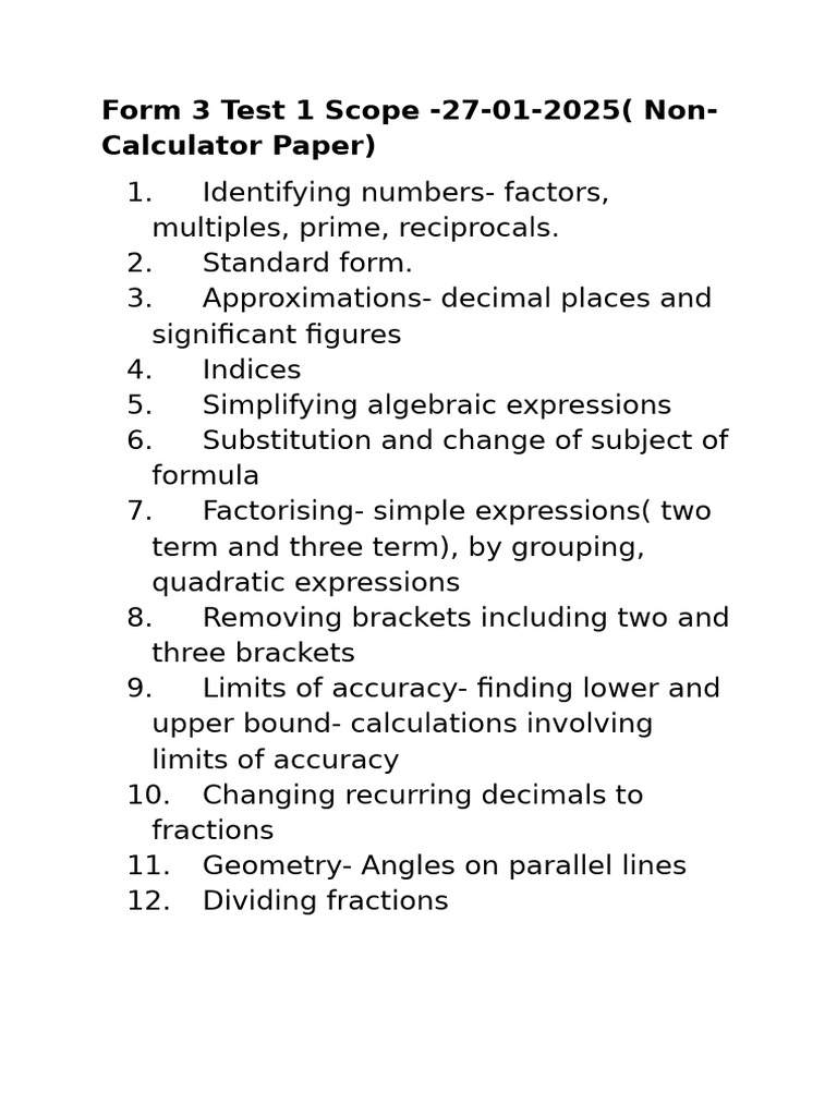 Form 3 Test 1 Scope | PDF