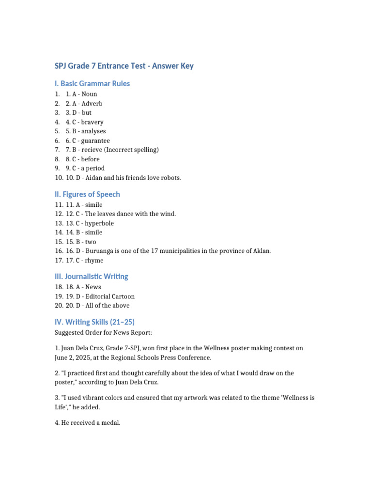 SPJ Grade 7 Entrance Test Answer Key | PDF