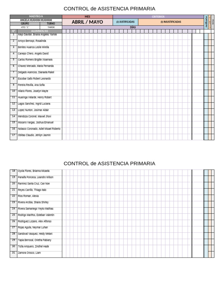 Control de Asistencia Primaria | PDF