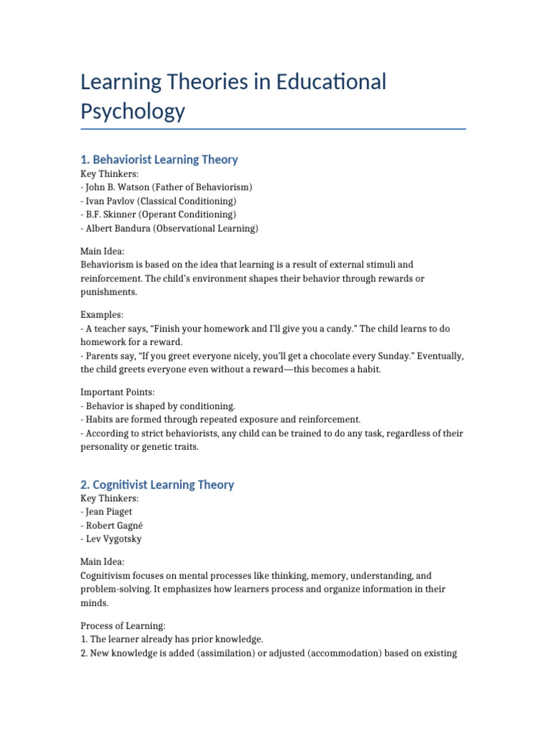 Learning Theories in Psychology | PDF | Learning | Constructivism ...