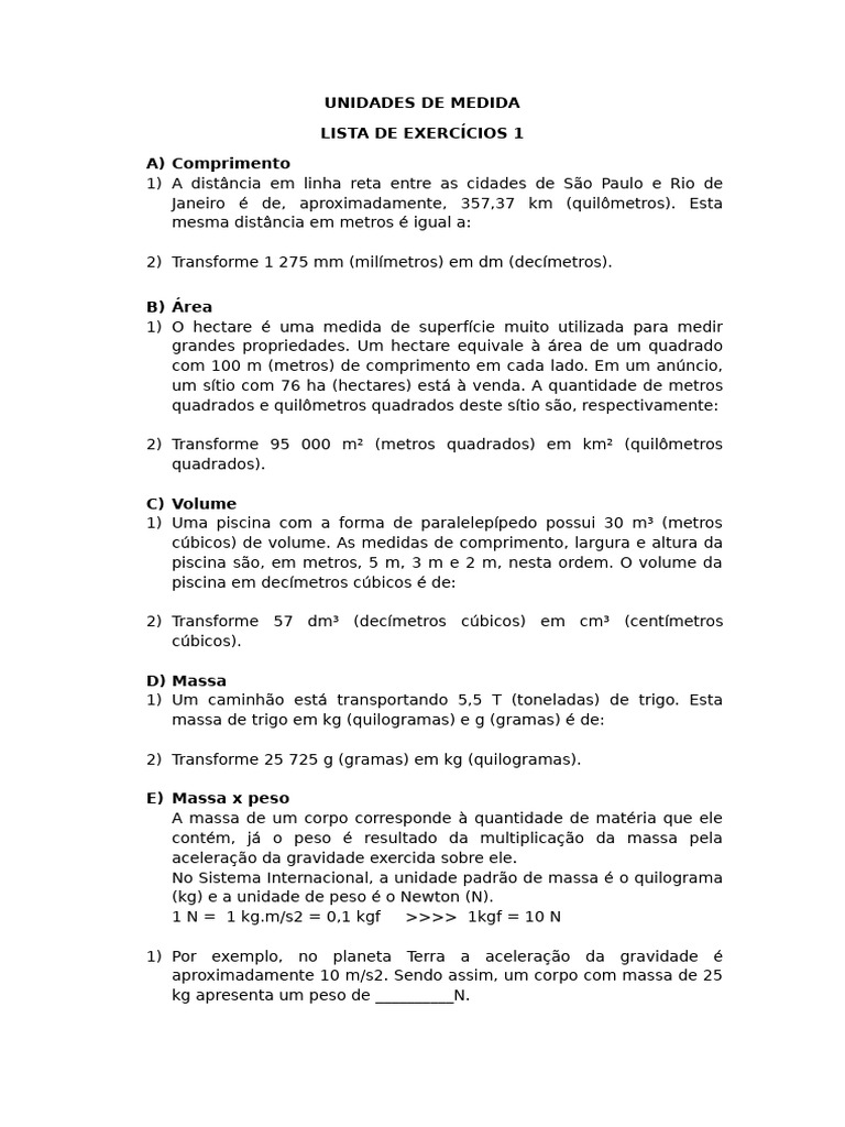 Unidades de Medida - Lista Exercícios 1 - Rev 0 | PDF | Quilograma | Massa