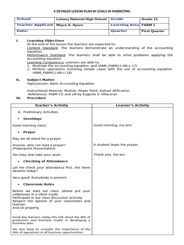 Lesson Plan: Understanding Accounting Equation | PDF | Debits And ...