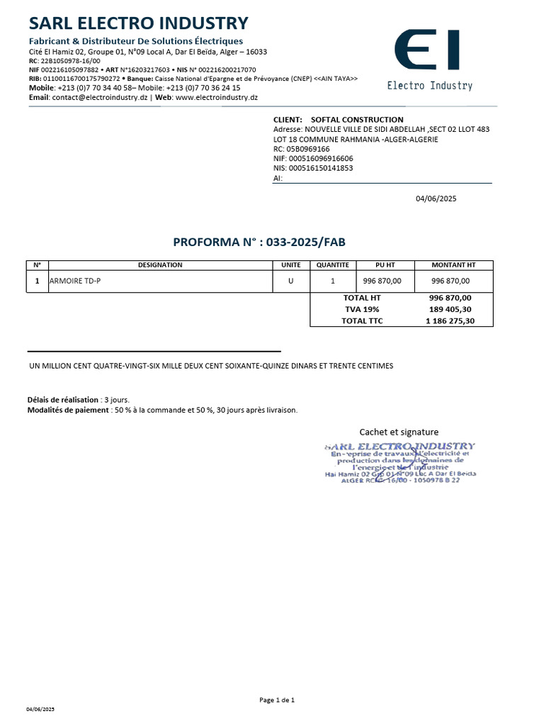 Facture Proforma Softal Construction | PDF
