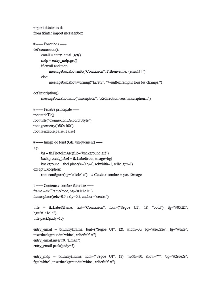 Interface de Connexion en Tkinter | PDF