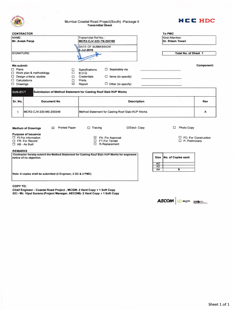 MCR2-CJV-220-TN-200198 Submission of Method Statement For Casting Roof ...