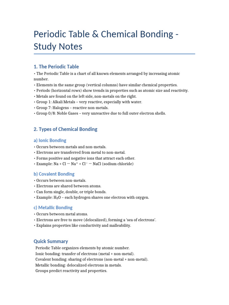Periodic Table Bonding Notes | PDF
