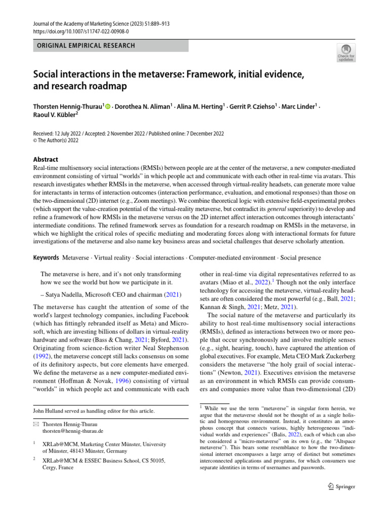 Social interactions in the metaverse: Framework, initial evidence, and ...