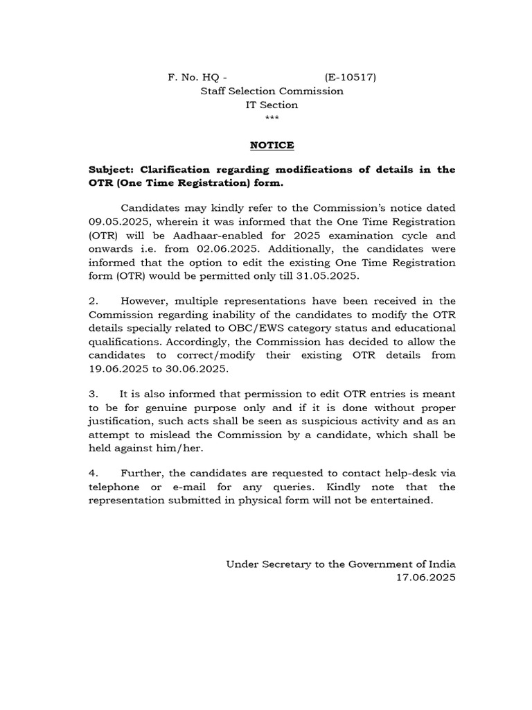 OTR Modification Clarification Notice | PDF