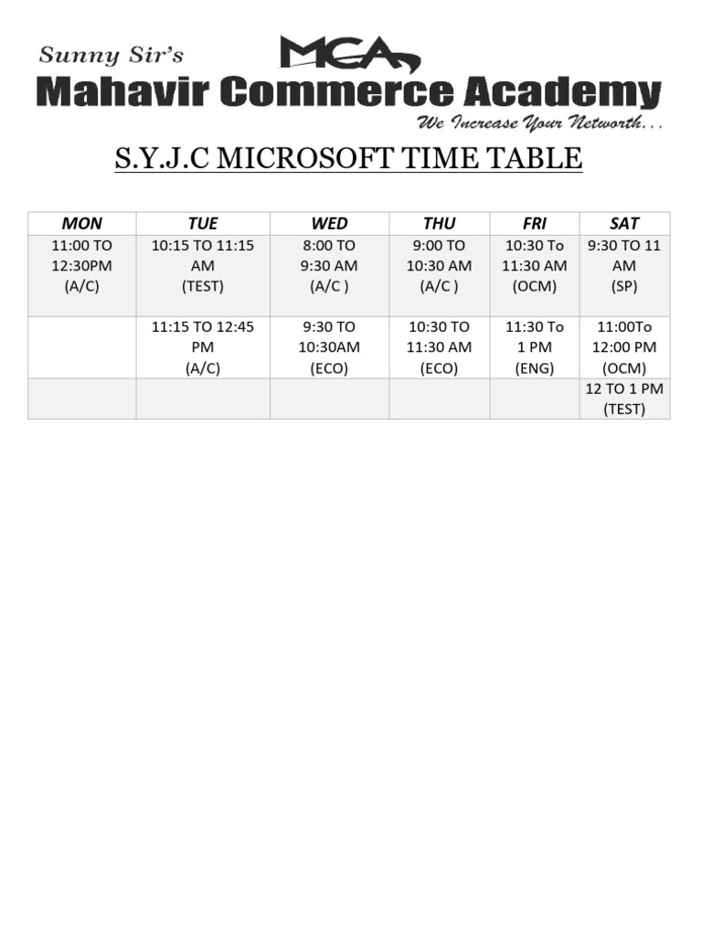 Microsoft Time Table-1 | PDF