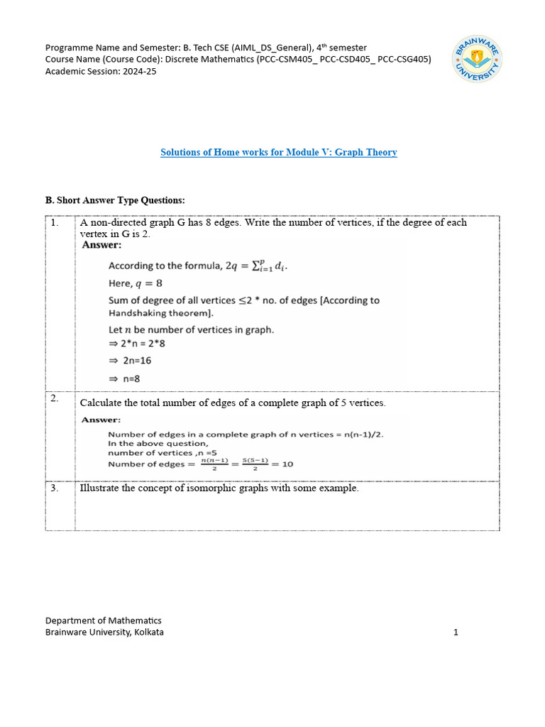 Graph Theory Homework Solutions | PDF | Vertex (Graph Theory) | Graph ...