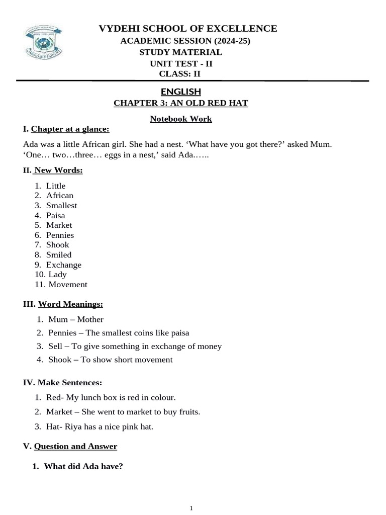 Class 2 English Unit Test II Material | PDF | Water | Shadow