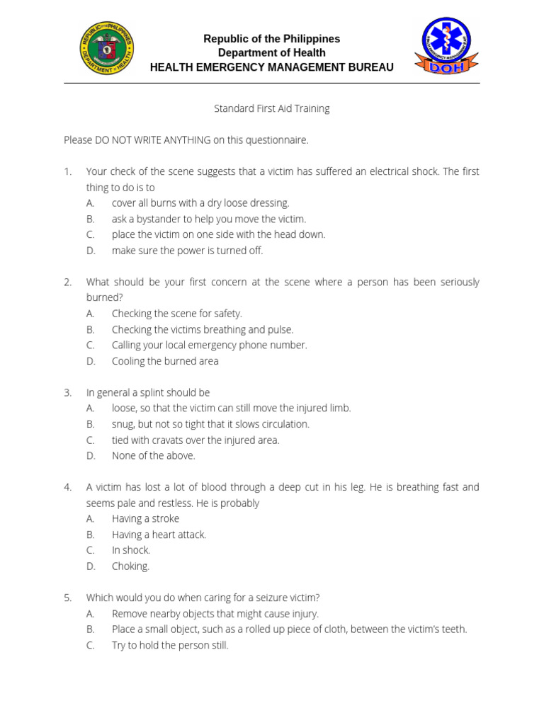 Standard First Aid Training Questionnaire | PDF | Medical Specialties ...