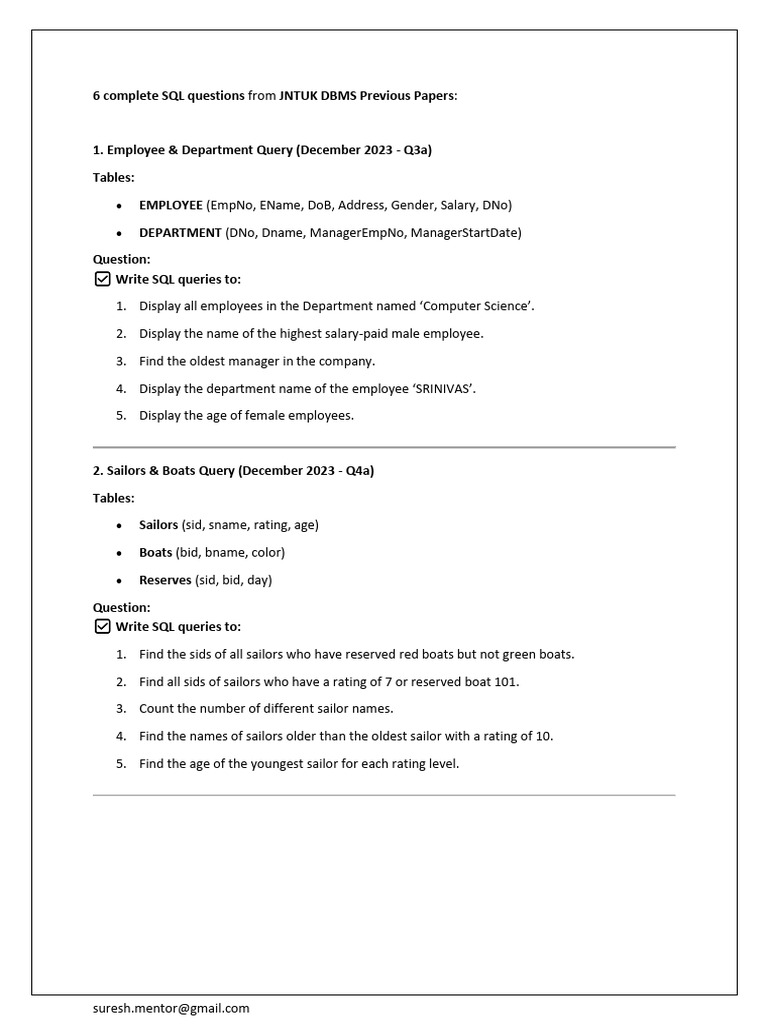 SQL Queries from JNTUK DBMS Papers | PDF | Data Management Software ...