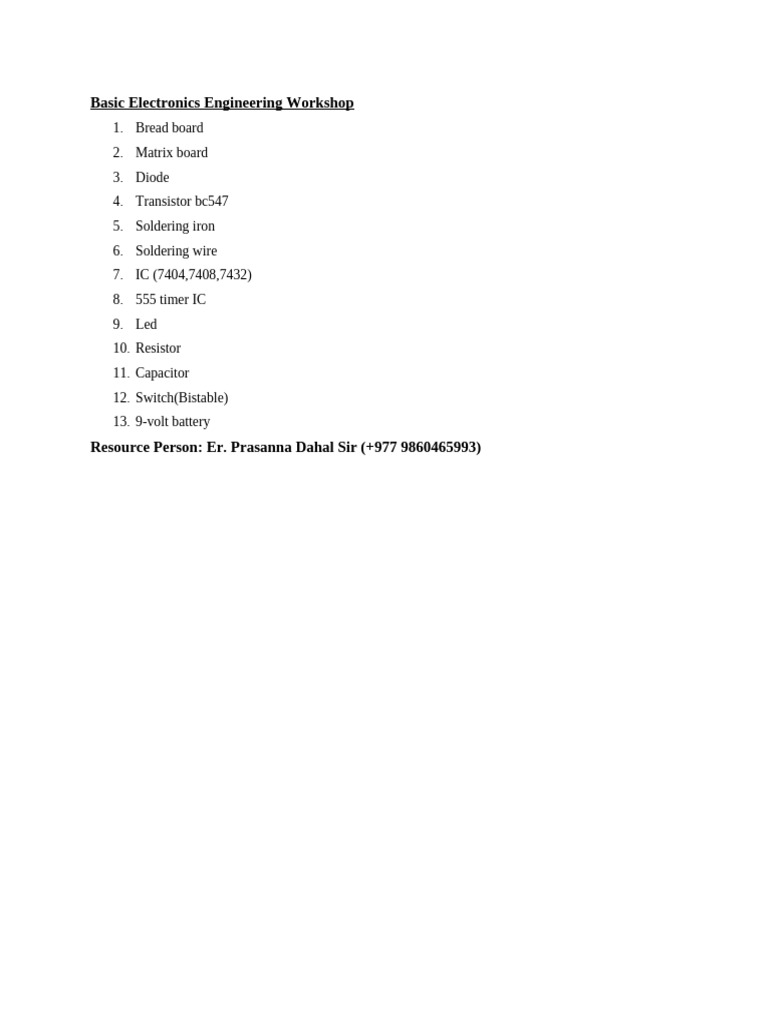 Basic Electronics Workshop Essentials | PDF