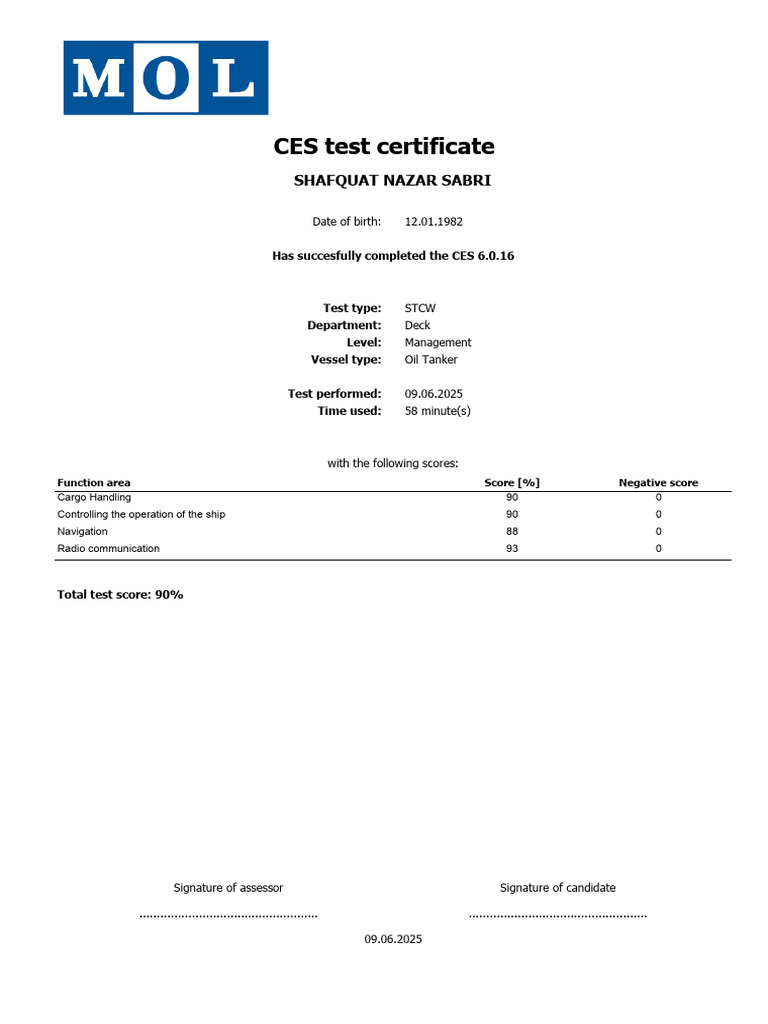 CES Test Certificate for Deck Management | PDF