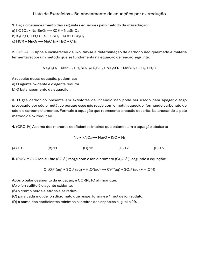 Exercícios de Balanceamento Redox | PDF