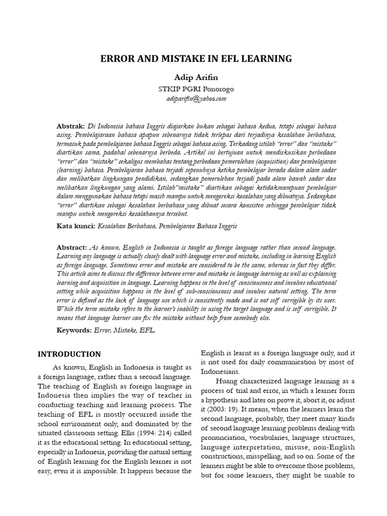Error vs. Mistake in EFL Learning | PDF | Second Language | Second ...