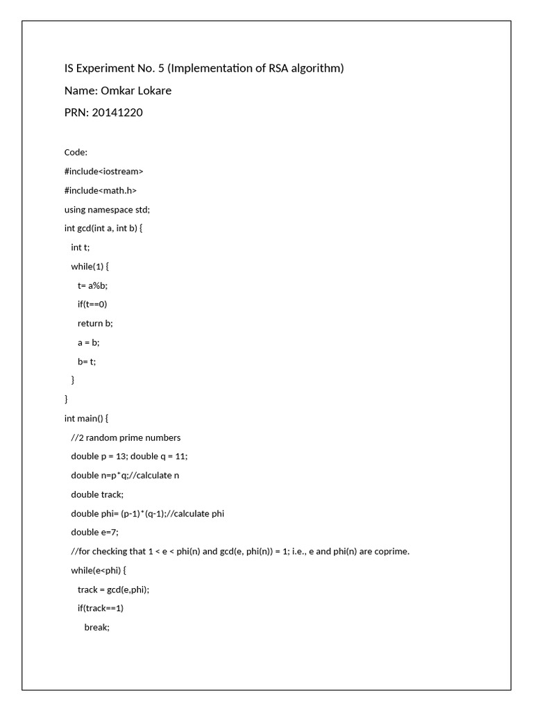 RSA Algorithm Implementation in C++ | PDF