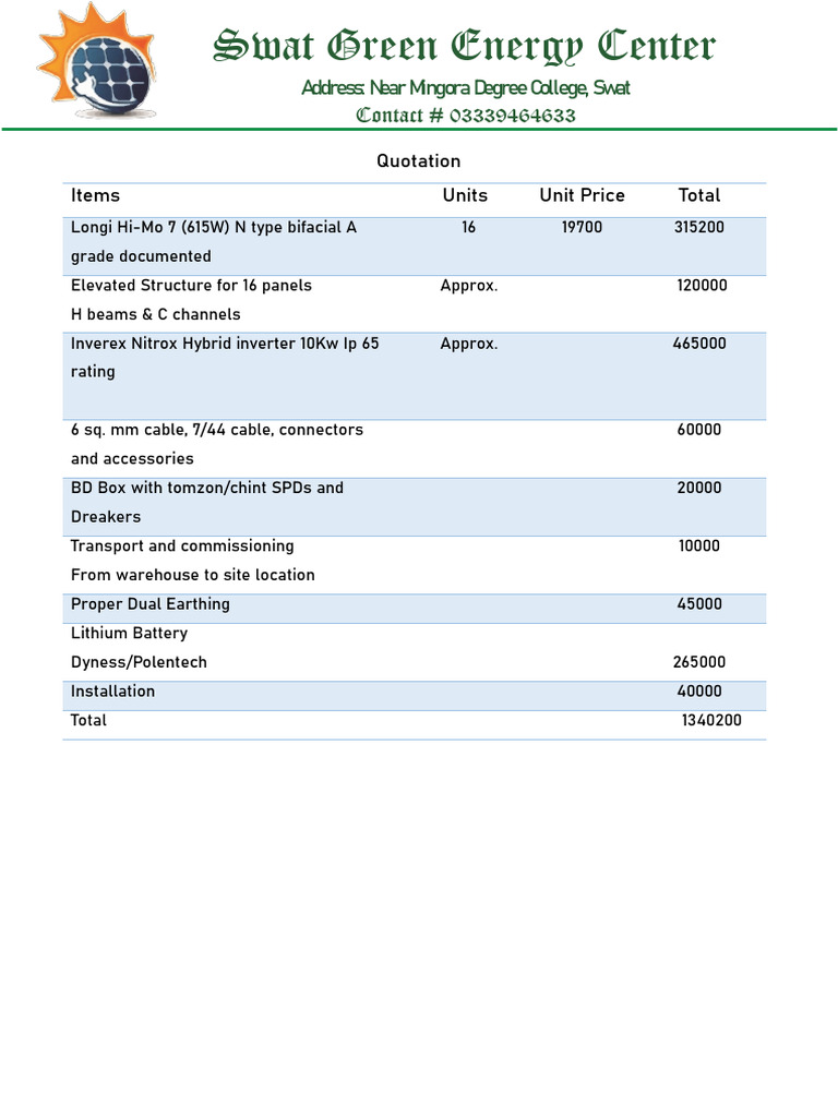10kW Solar System Quotation Summary | PDF