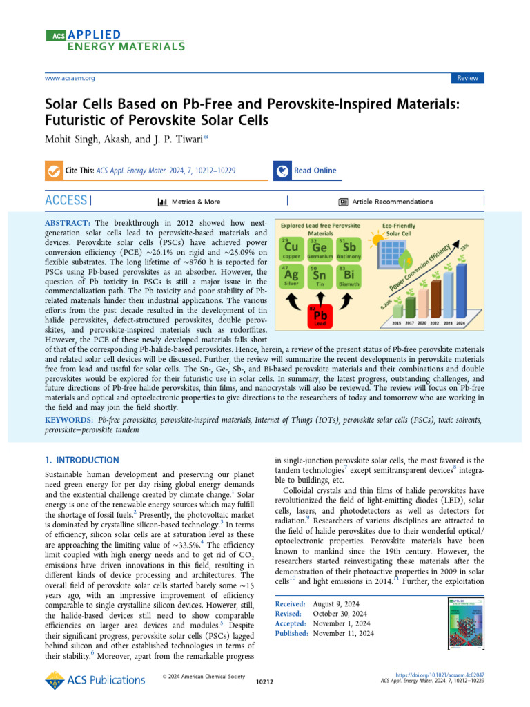 Singh Et Al 2024 Solar Cells Based On PB Free and Perovskite Inspired ...