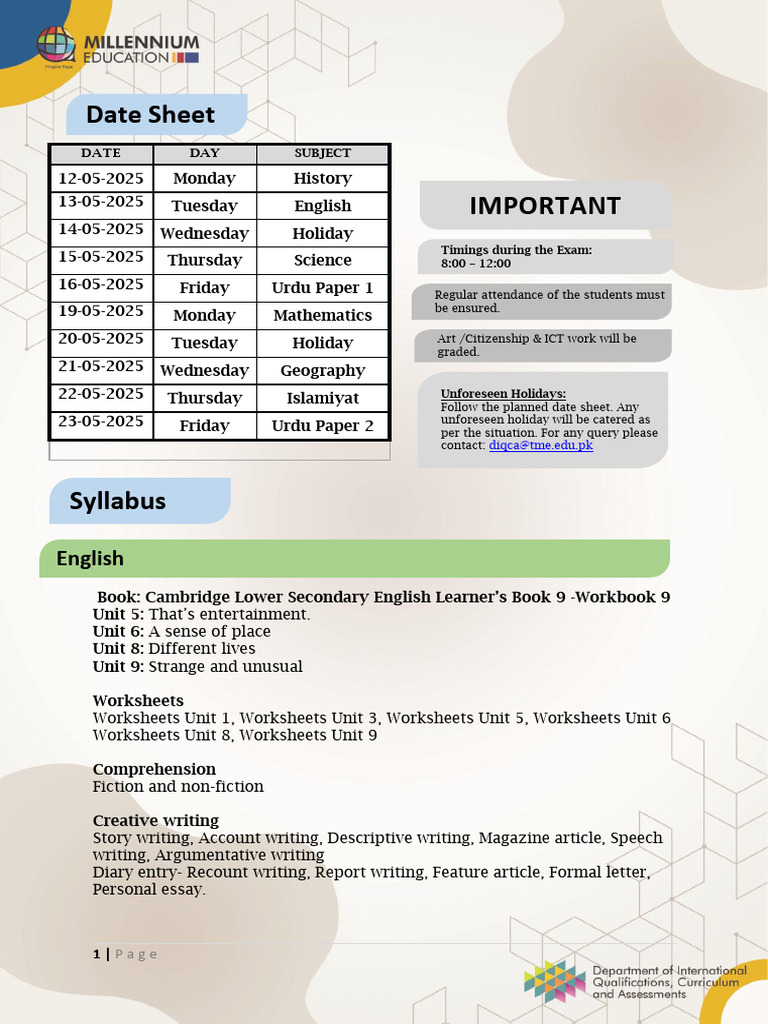 Class 8 Final Exam Date Sheet 2025 | PDF | Area | Mathematics