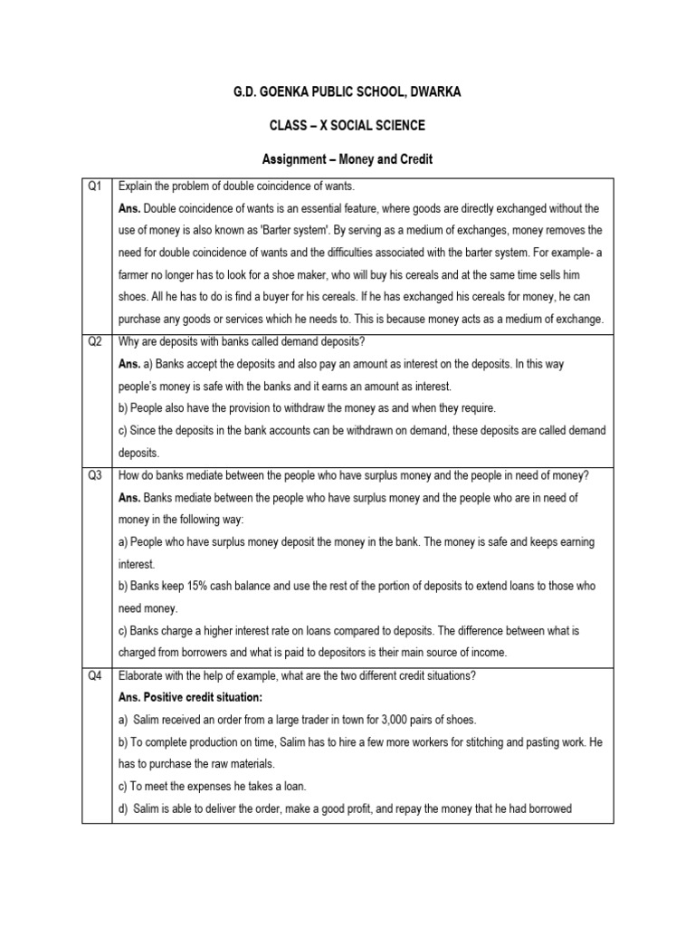 Assignment (Money & Credit) | PDF | Loans | Banks