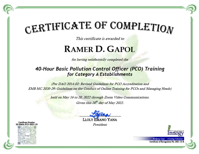 40-Hour PCO Training Completion Certificate | PDF