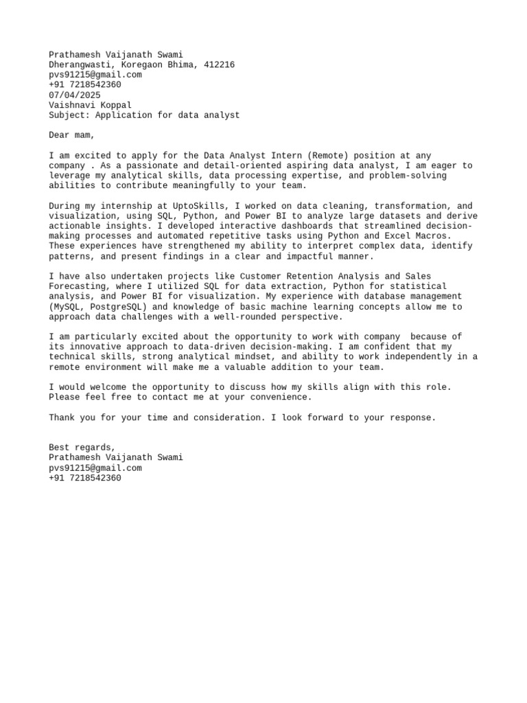 Cover Letter Data Intern | PDF
