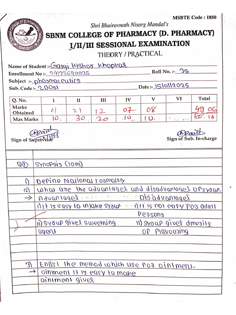First Sessional Practical Batch B D Pharma First Year | PDF