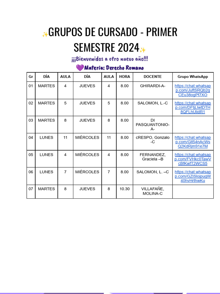 Grupos de Cursado - 1 Sem 2024 FRANJA MORADA | PDF