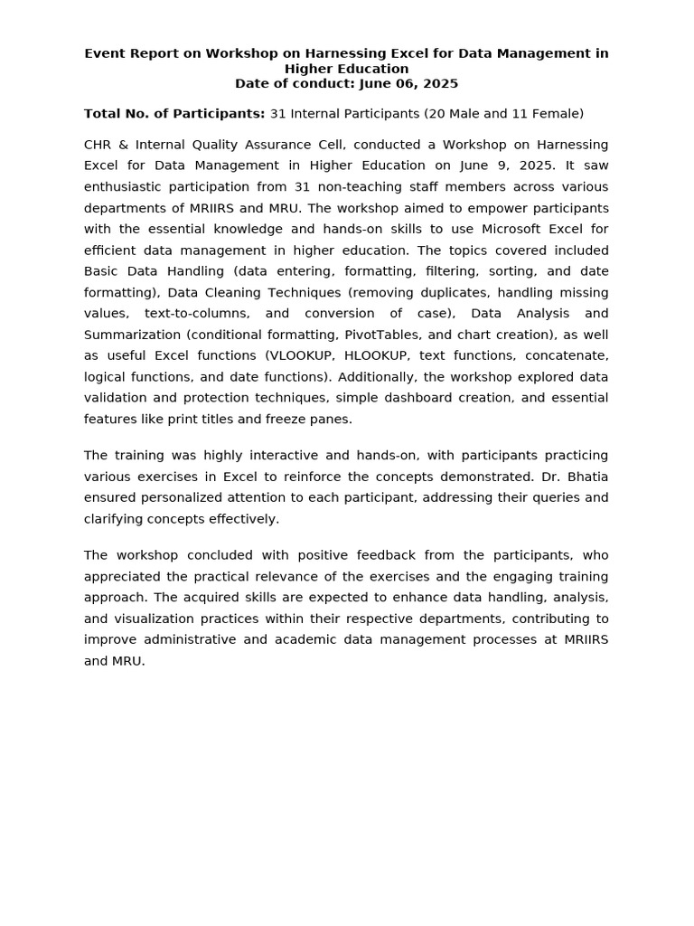 Excel Workshop for Data Management in Education | PDF