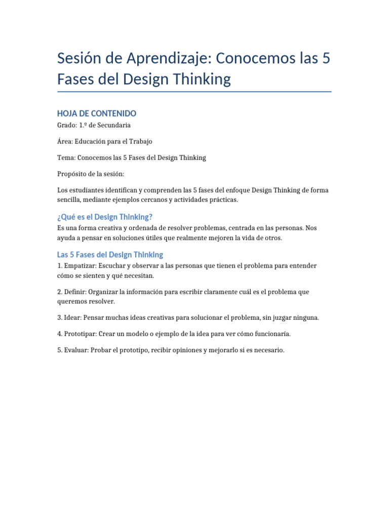 Design Thinking en Secundaria: 5 Fases | PDF