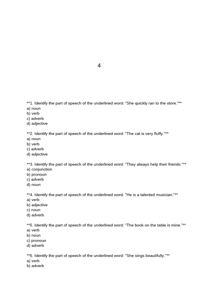 Parts of Speech Quiz Questions | PDF | Part Of Speech | Adverb