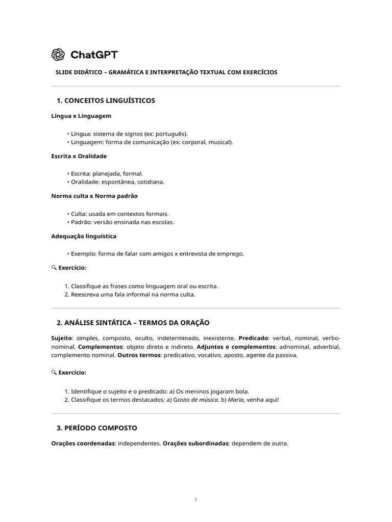 Gramática e Interpretação Textual com Exercícios | PDF | Assunto ...