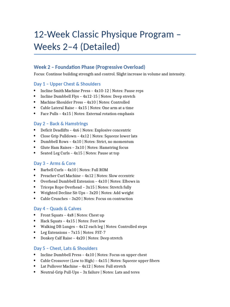 Weeks 2 To 4 Classic Physique Program Detailed | PDF | Weight Training ...