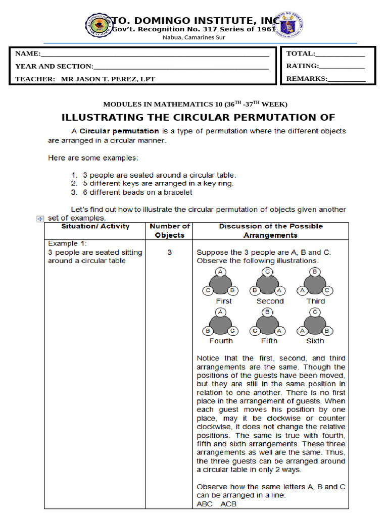 Math 10 Circular Permutation Activity | PDF
