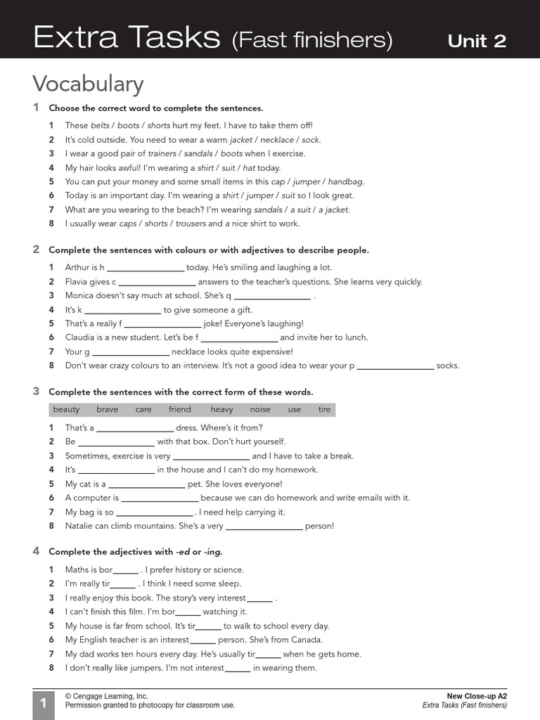 A2 Vocabulary and Grammar Exercises | PDF