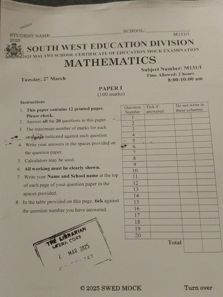 SWED Mock 2025 Maths Paper 1 | PDF