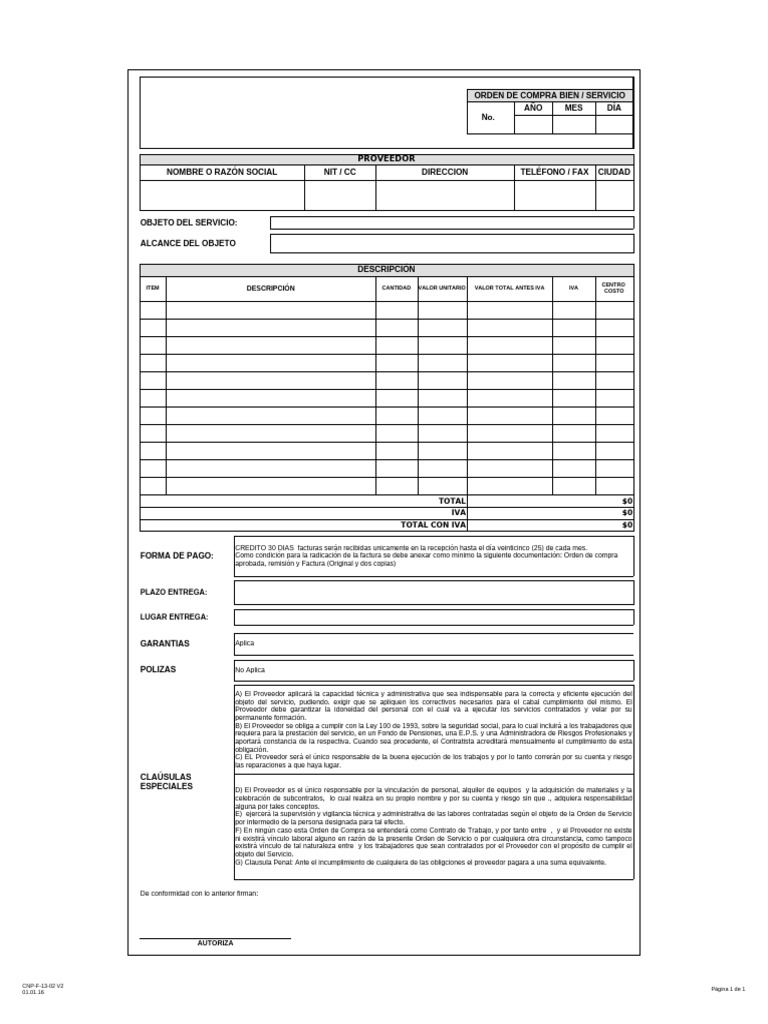 Orden de Compra: Bienes y Servicios | PDF | Póliza de seguros