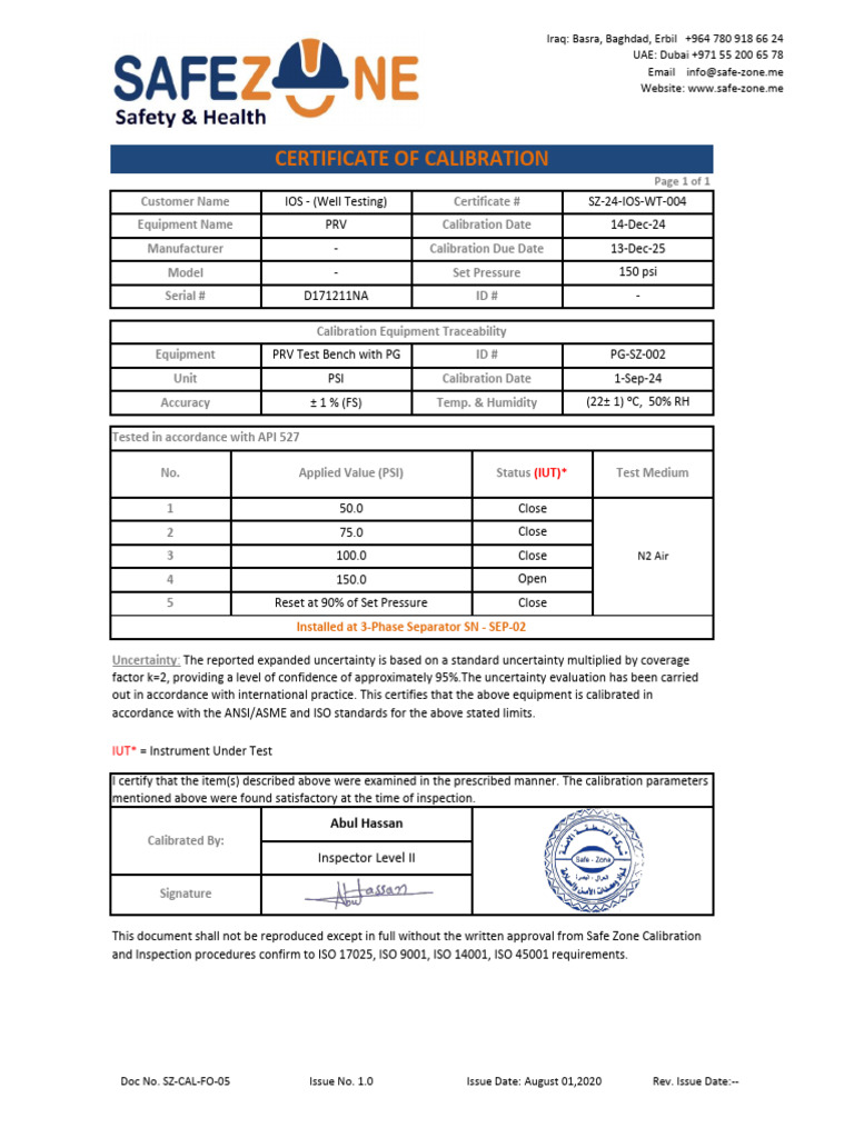 Calibration Certificate for PRV Testing | PDF | Calibration