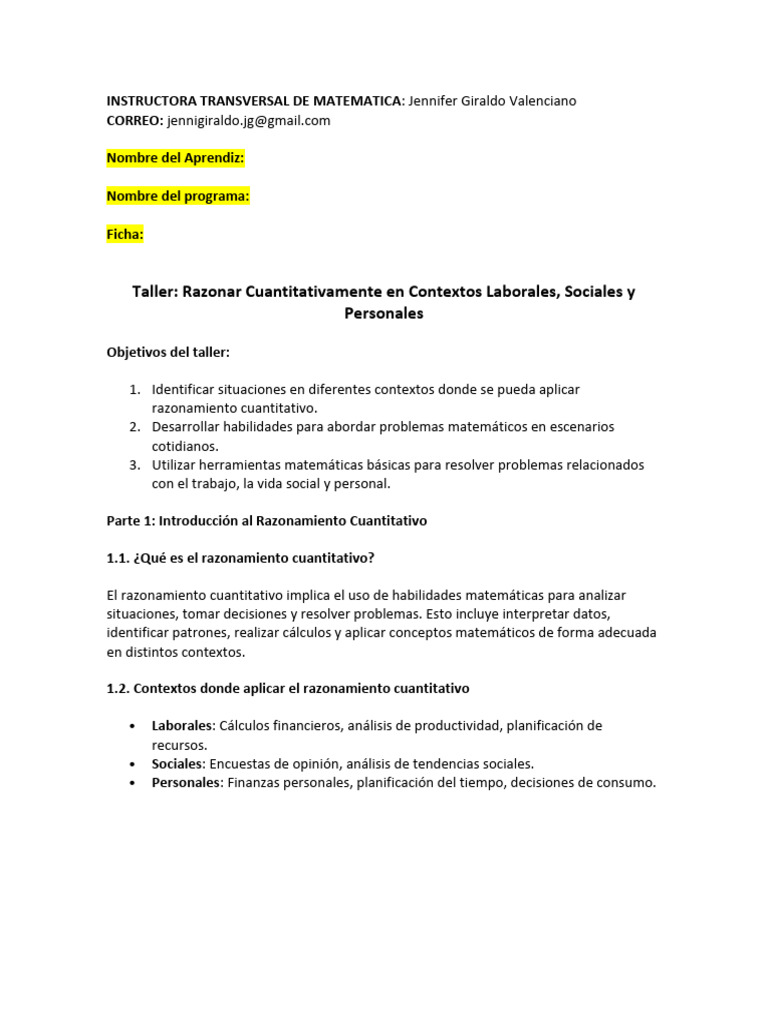Taller Razonar Cuantitativamente en Contextos Laborales, Sociales y ...
