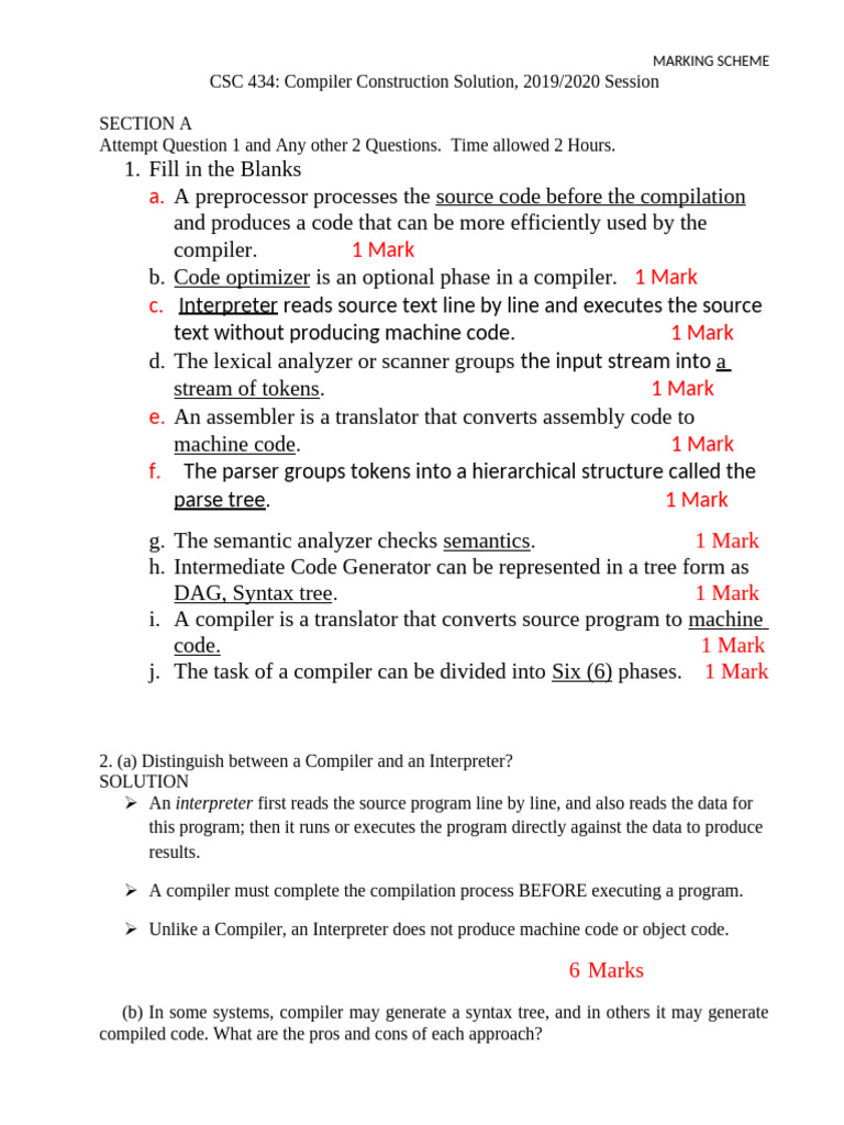 Compiler Construction Marking Scheme 2019 | PDF | Compiler | Parsing
