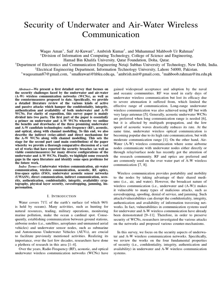 Security of Underwater and Air Water Wireless Communication | PDF ...