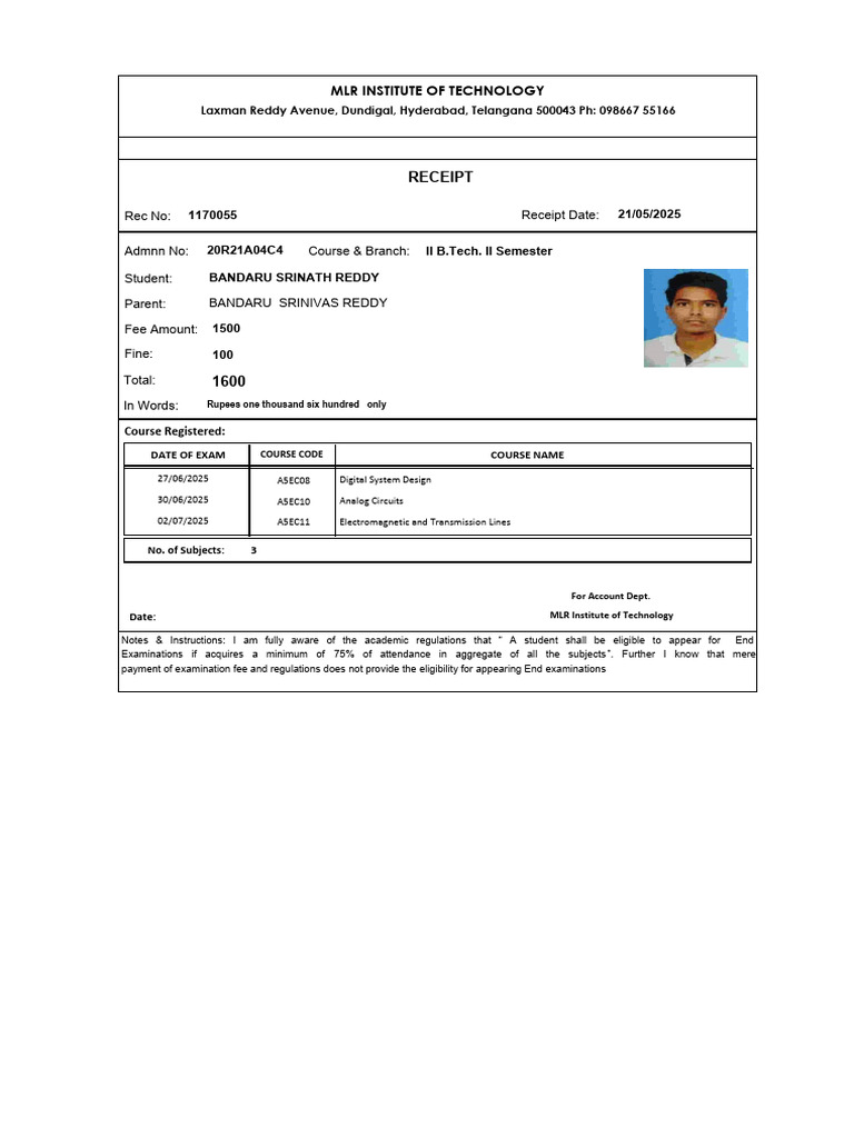 B.Tech II Sem Exam Fee Receipt | PDF